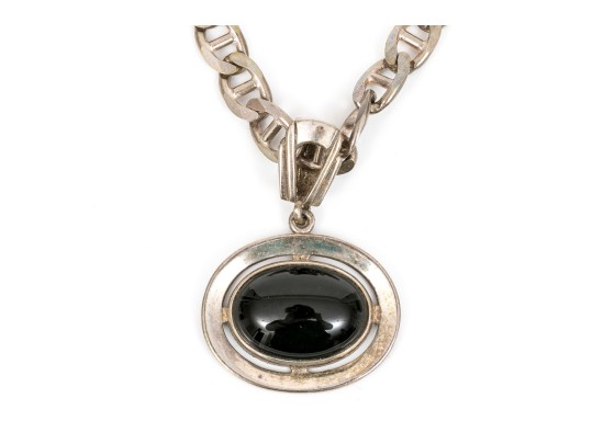 Sterling Silver Chunky Mariners Link Chain Necklace, With Contemporary Bold Black Onyx Pendant