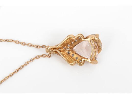14k Rose Gold Beautiful Pink Morganite Trillion Diamond Set Swirl Pendant, With Chain