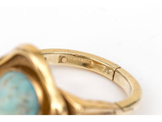 14k Yellow Gold Fabulous Contemporary Amazonite Quatrefoil Motif Ring, Size 7.75+ With Fingermate