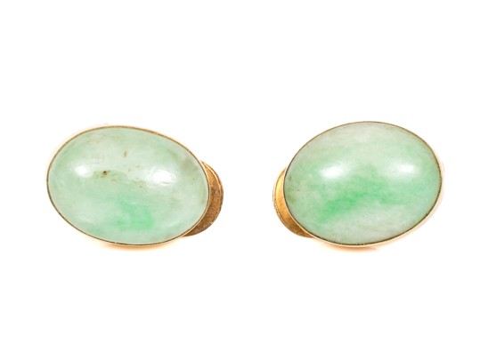 18k Yellow Gold Pretty Oval Cabachon Jadeite Jade Earrings