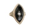 18k White Gold Antique Navette Profile Black Onyx Ring, Size 4.25, Diamond Center