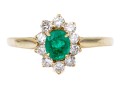 18k Yellow Gold Lovely Oval Emerald And Diamond Halo Ring, Size 7.5