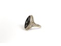 18k White Gold Antique Navette Profile Black Onyx Ring, Size 4.25, Diamond Center