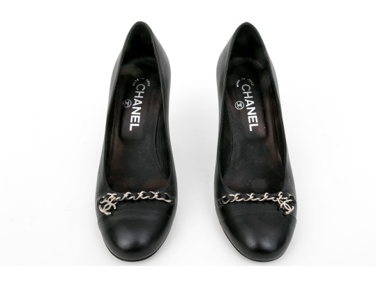 Chanel Handsome Black Leather Chain Motif Pumps, Size 37 1/2