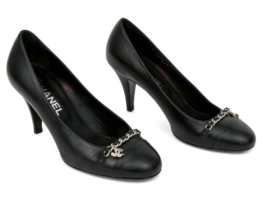 Chanel Handsome Black Leather Chain Motif Pumps, Size 37 1/2