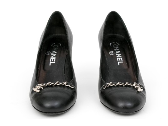 Chanel Handsome Black Leather Chain Motif Pumps, Size 37 1/2