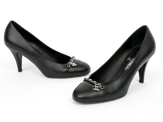 Chanel Handsome Black Leather Chain Motif Pumps, Size 37 1/2