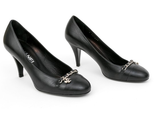 Chanel Handsome Black Leather Chain Motif Pumps, Size 37 1/2
