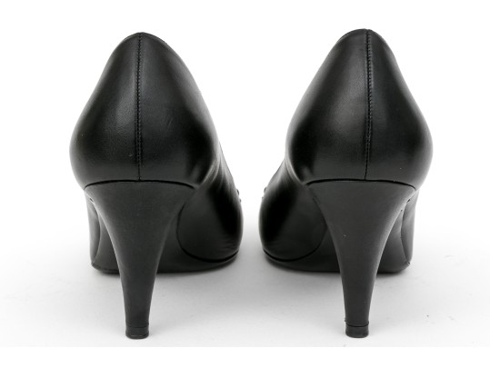 Chanel Handsome Black Leather Chain Motif Pumps, Size 37 1/2