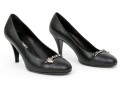 Chanel Handsome Black Leather Chain Motif Pumps, Size 37 1/2