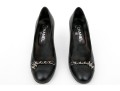 Chanel Handsome Black Leather Chain Motif Pumps, Size 37 1/2
