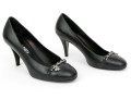 Chanel Handsome Black Leather Chain Motif Pumps, Size 37 1/2