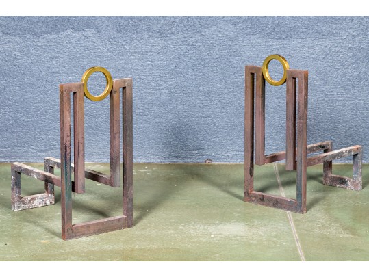 Vintage Pair Of Art Deco Style Iron And Brass Andirons