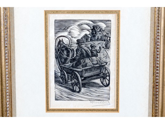 Pencil Signed Engraved Print, Man And Boy In Carriage