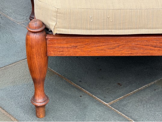 Stylish Pair Of Brown Jordan Carved Wood Armchairs With Ottomans
