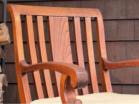 Two Brown Jordan Outdoor Carved Wood Armchairs