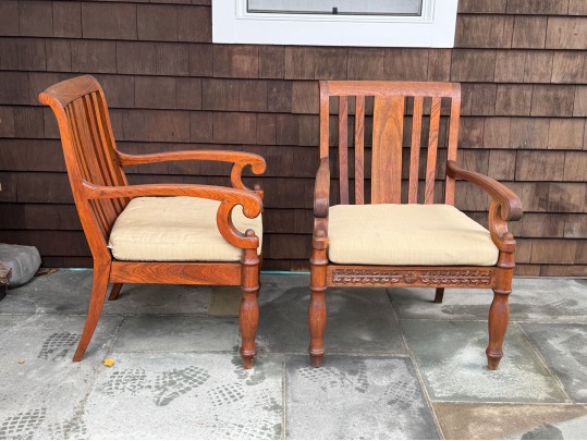 Two Brown Jordan Outdoor Carved Wood Armchairs