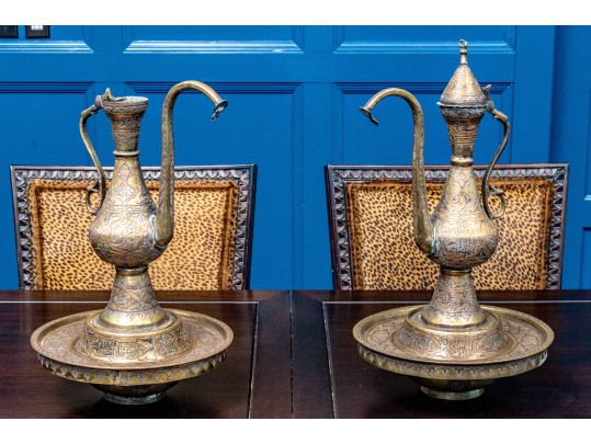 Pair Antique Middle Eastern Mixed Metal Ewers And Basins