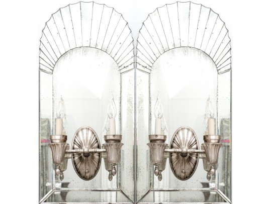 Fabulous Pair Of Semi-Antique Art Deco Venetian Mirrorback Sconces