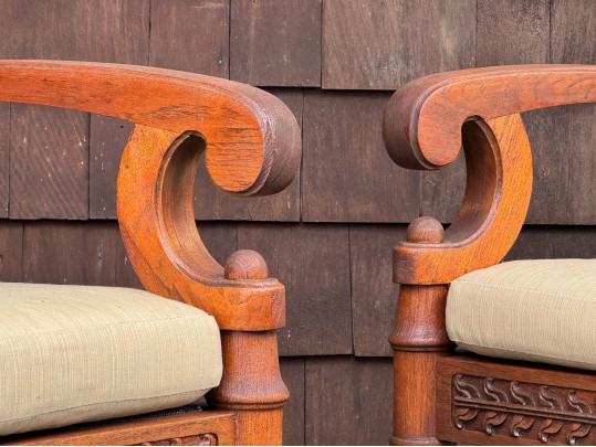 Two Brown Jordan Outdoor Carved Wood Armchairs