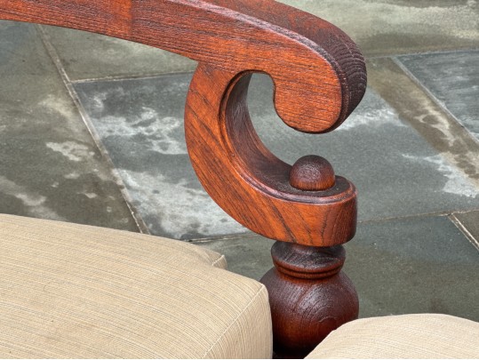 Stylish Pair Of Brown Jordan Carved Wood Armchairs With Ottomans