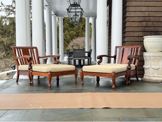 Stylish Pair Of Brown Jordan Carved Wood Armchairs With Ottomans