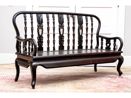 19th Century Ebonized And Inlaid Oak Bench