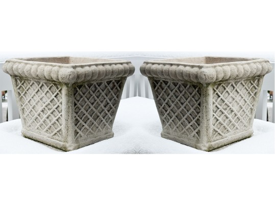 Pair Of Nicely Decorated Cast Stone Garden Planters