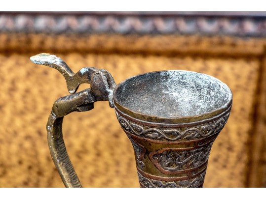 Pair Antique Middle Eastern Mixed Metal Ewers And Basins