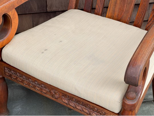 Two Brown Jordan Outdoor Carved Wood Armchairs