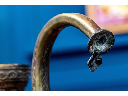 Pair Antique Middle Eastern Mixed Metal Ewers And Basins