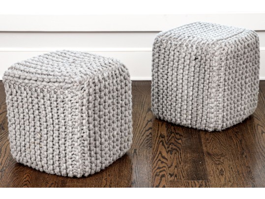 Pair Of Chunky Knit Square Poufs