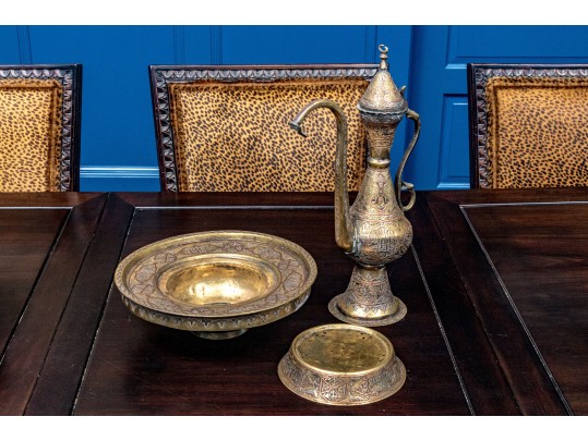 Pair Antique Middle Eastern Mixed Metal Ewers And Basins