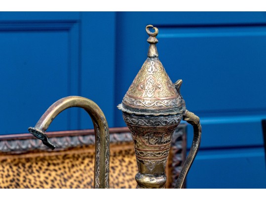 Pair Antique Middle Eastern Mixed Metal Ewers And Basins