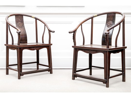 Fine Pair Of Traditional Carved Chinese Horseshoe Armchairs