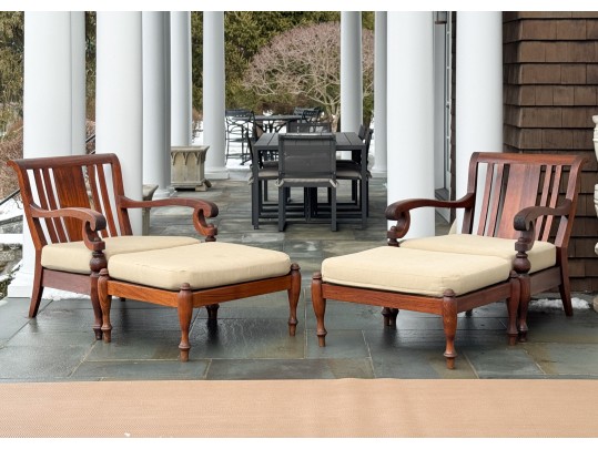 Stylish Pair Of Brown Jordan Carved Wood Armchairs With Ottomans
