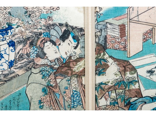 Antique Japanese Diptych Shunga Woodblock Print