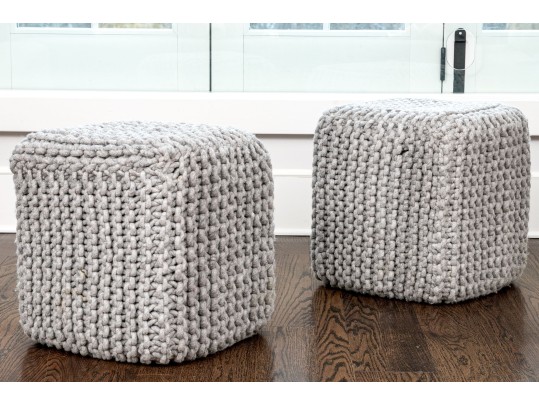 Pair Of Chunky Knit Square Poufs