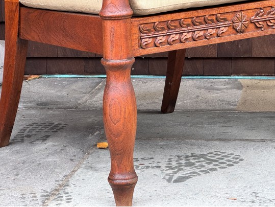 Two Brown Jordan Outdoor Carved Wood Armchairs