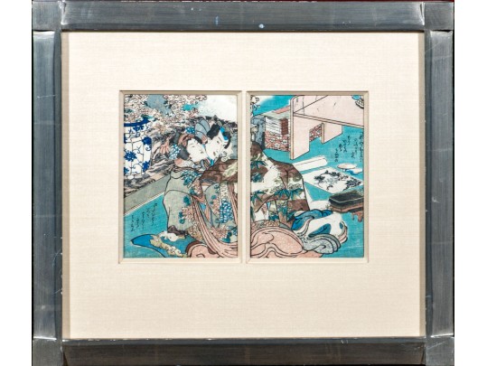 Antique Japanese Diptych Shunga Woodblock Print