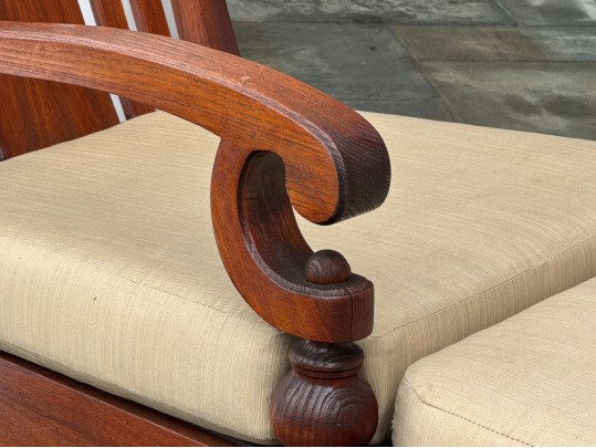 Stylish Pair Of Brown Jordan Carved Wood Armchairs With Ottomans