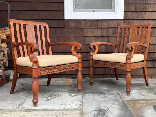 Two Brown Jordan Outdoor Carved Wood Armchairs