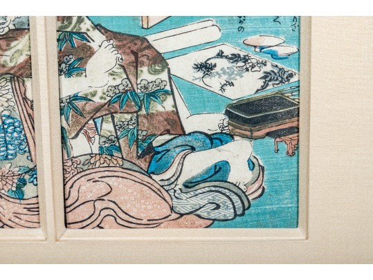 Antique Japanese Diptych Shunga Woodblock Print