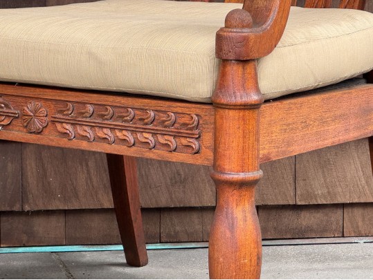 Two Brown Jordan Outdoor Carved Wood Armchairs