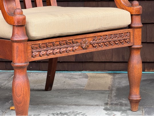 Two Brown Jordan Outdoor Carved Wood Armchairs