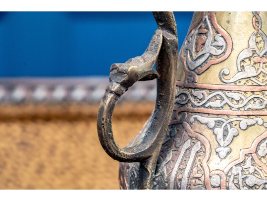 Pair Antique Middle Eastern Mixed Metal Ewers And Basins