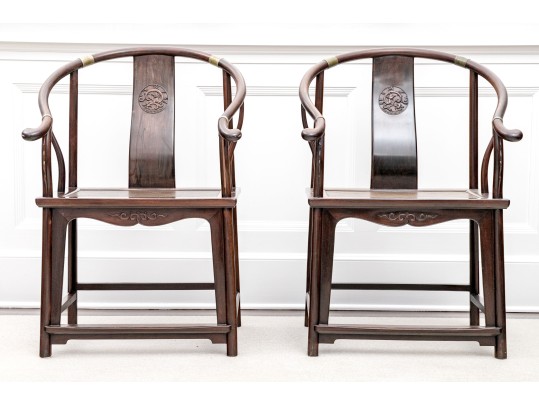 Fine Pair Of Traditional Carved Chinese Horseshoe Armchairs