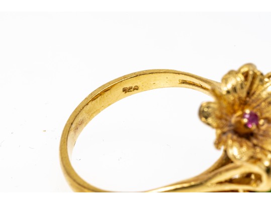 18k Yellow Gold Pretty Vintage Nephrite Jade And Ruby Ring, App. 0.06 TCW, Size 6.5