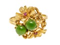 18k Yellow Gold Pretty Vintage Nephrite Jade And Ruby Ring, App. 0.06 TCW, Size 6.5
