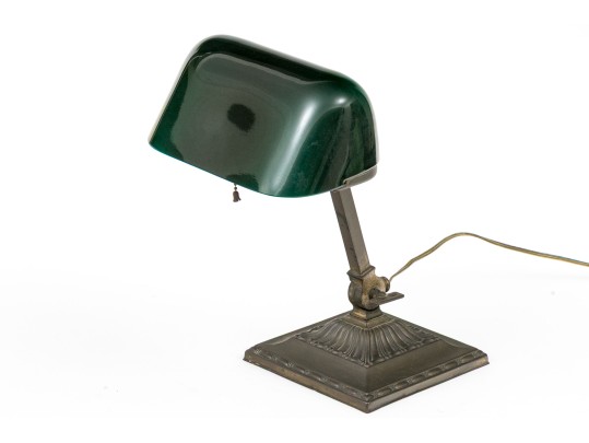 Antique Emeralite Brass And Glass Bankers Table Lamp